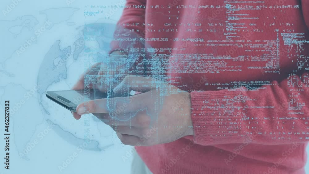 Poster animation of financial data processing over caucasian businessman using smartphone