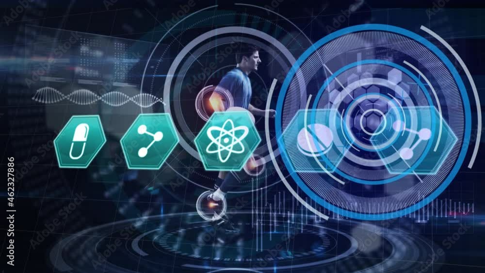 Poster animation of data processing over caucasian male rugby player running with ball