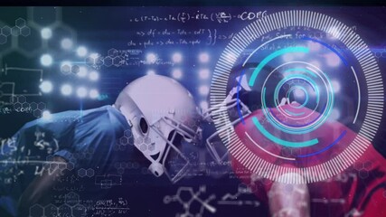 Animation of mathematical equations and data processing over diverse male rugby players at stadium