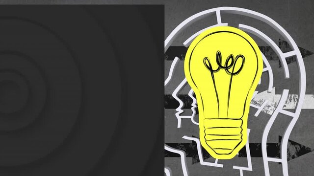 Animation of human head with lightbulb and circles on gray background
