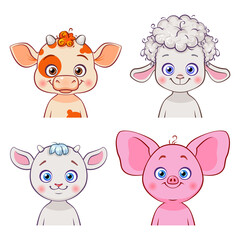Cartoon cute animals for baby cards, invitations and clothes. Vector farm animals: cow, sheep, goat, pig.