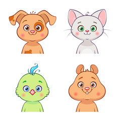 Cute kids animal portraits: dog, cat, parrot, hamster. Colorful vector illustration.
