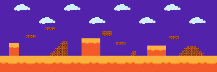 Computer game background. Retro arcade. Cloud sky. Abstract design. Cartoon style. Vector illustration. Stock image. EPS 10.