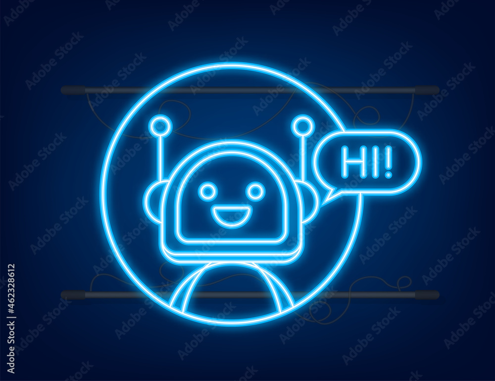 Poster robot neon icon. bot sign design. chatbot symbol concept. voice support service bot. online support 