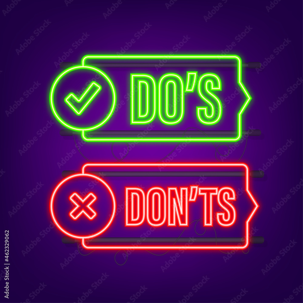 Poster do s and don ts neon button. flat simple thumb up symbol minimal round logotype element set. vector 