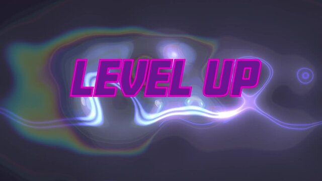 Animation of level up text over liquid on black background