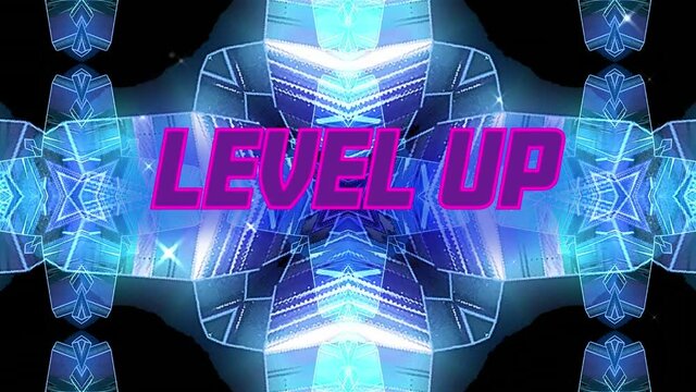 Animation of level up text over blue shapes on black background