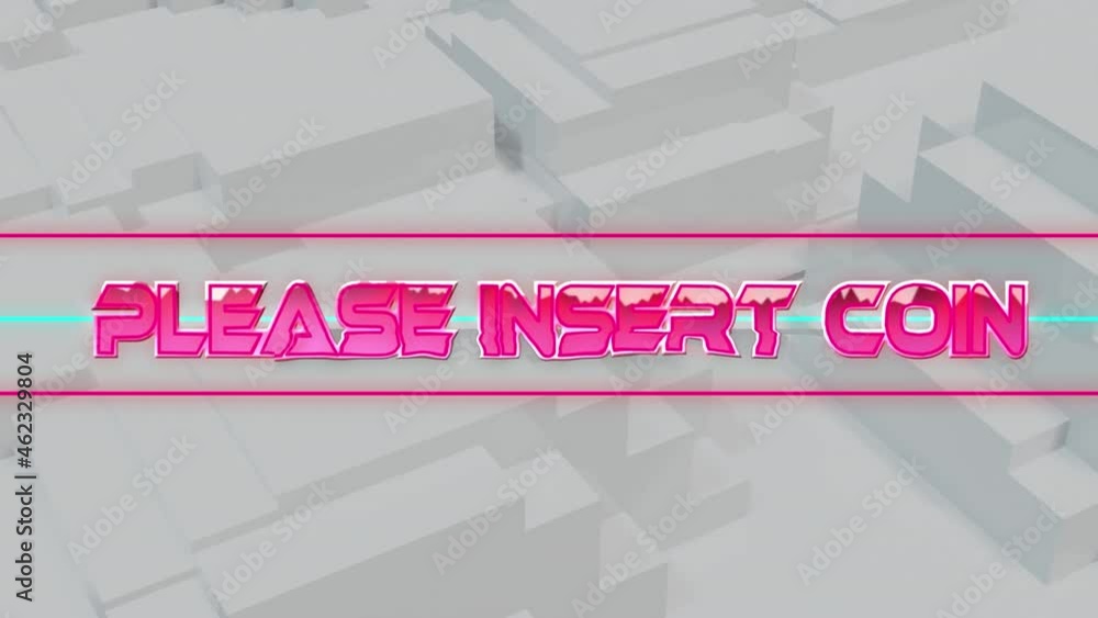 Poster animation of please insert coin text over light trails on moving white background