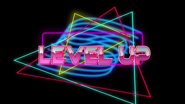 Animation of level up text over light trails on black background