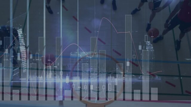 Animation of financial data processing over diverse male basketball players and cityscape - Powered by Adobe