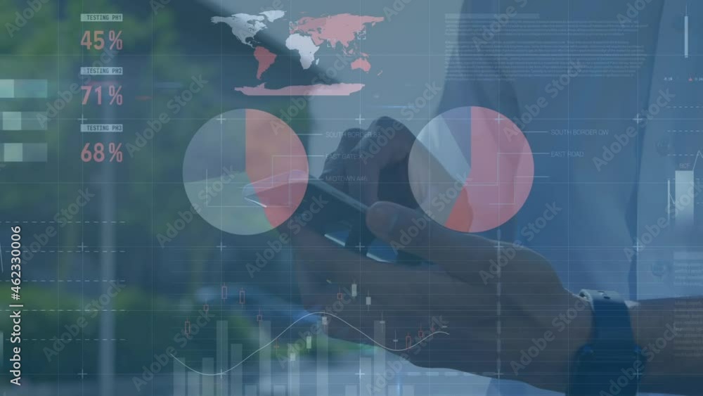 Poster animation of financial data processing over caucasian businessman using smartphone