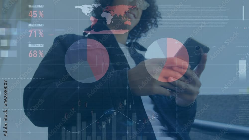 Poster animation of financial data processing over smiling mixed race businessman using smartphone