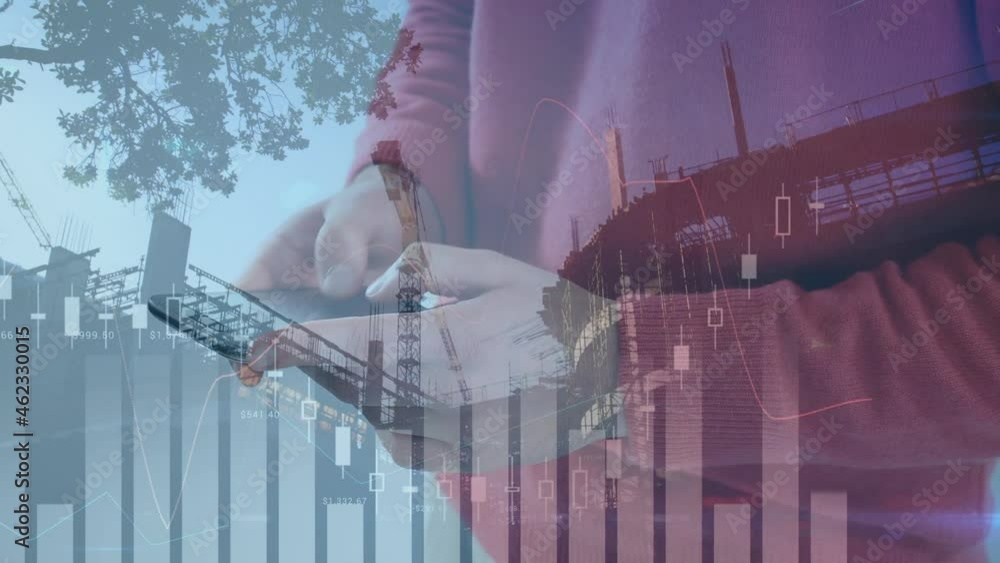 Poster animation of financial data processing over caucasian businessman using smartphone