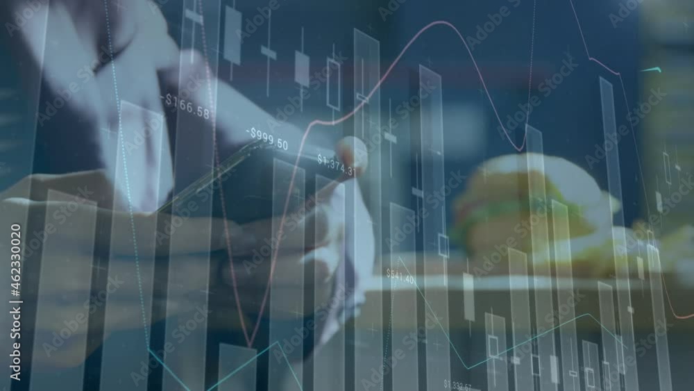 Aufkleber animation of financial data processing over mixed race man using smartphone