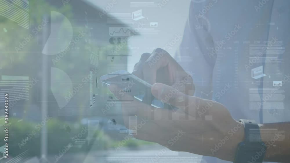 Poster animation of financial data processing over caucasian businessman using smartphone