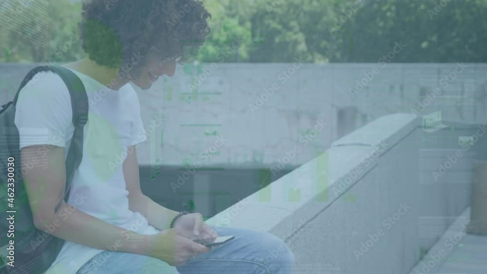 Poster animation of financial data processing over mixed race businessman using smartphone