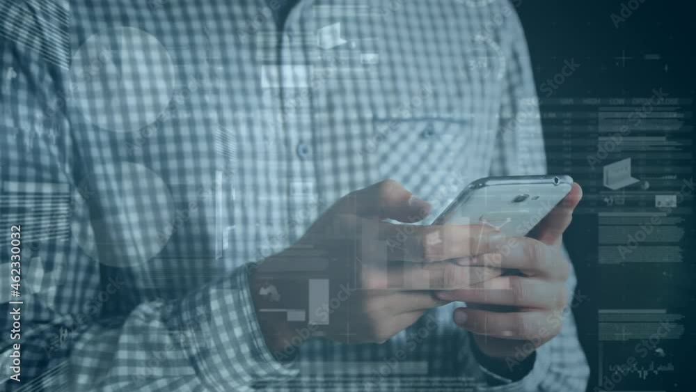 Poster animation of financial data processing over caucasian man using smartphone