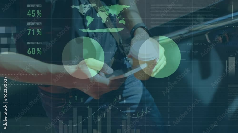 Poster animation of financial data processing over caucasian businessman using smartphone