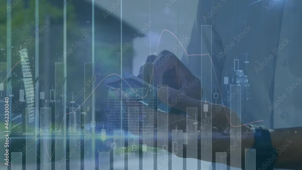 Poster animation of financial data processing over caucasian businessman using smartphone