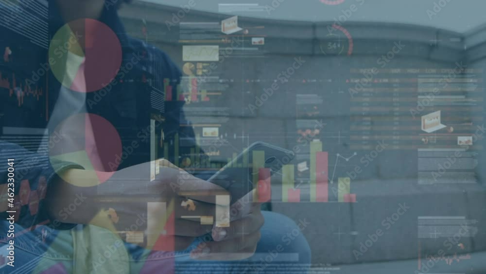 Poster animation of financial data processing over caucasian businessman using smartphone