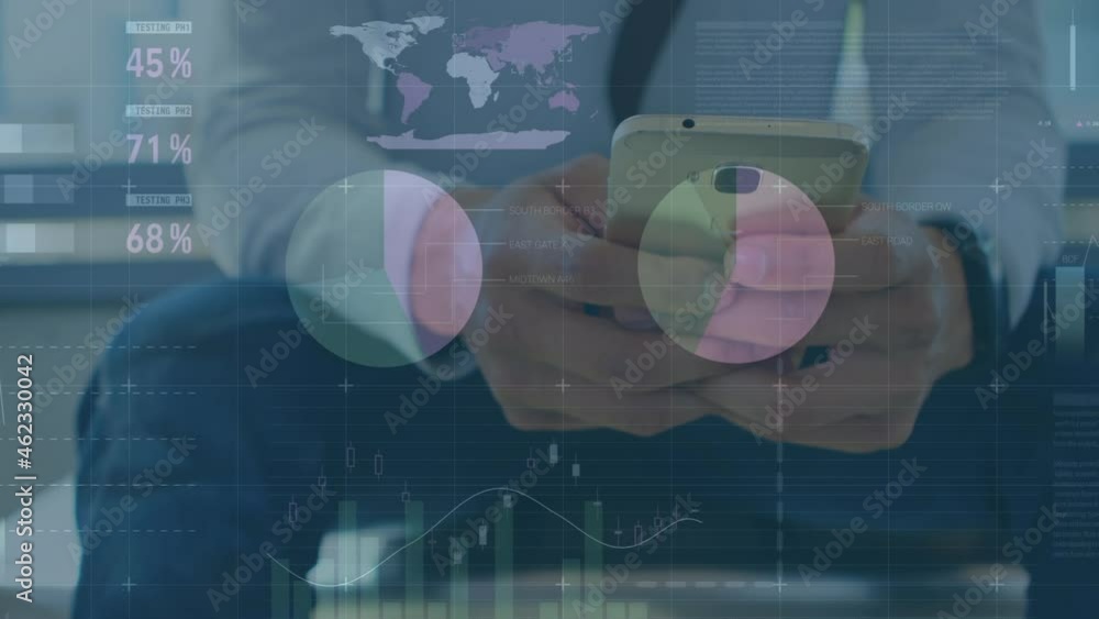 Poster animation of financial data processing over caucasian businessman using smartphone