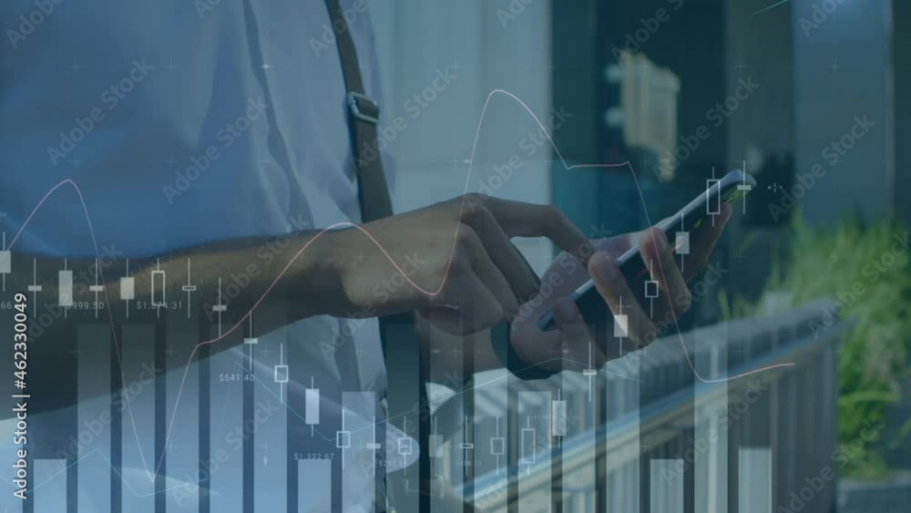 Poster animation of financial data processing over caucasian businessman using smartphone