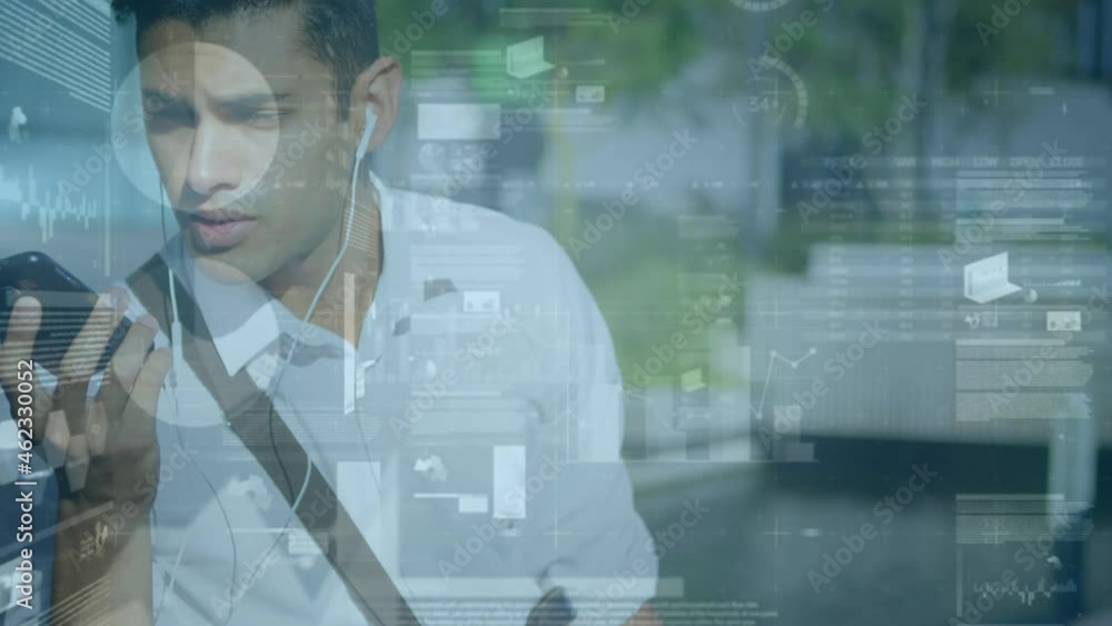 Poster animation of financial data processing over mixed race businessman using smartphone