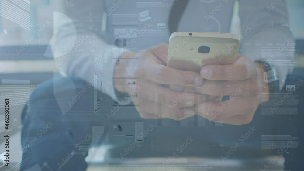 Poster animation of financial data processing over caucasian businessman using smartphone