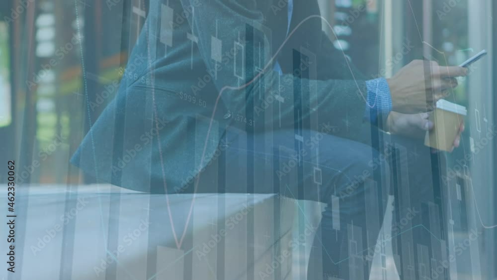 Poster animation of financial data processing over caucasian businessman using smartphone