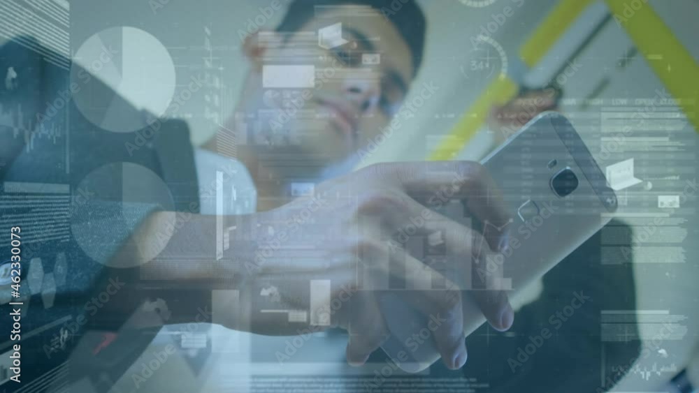 Poster animation of financial data processing over mixed race businessman using smartphone