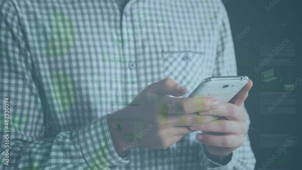 Poster animation of financial data processing over caucasian businessman using smartphone