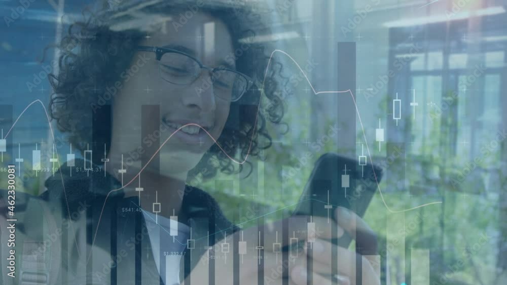 Poster animation of financial data processing over smiling mixed race businessman using smartphone
