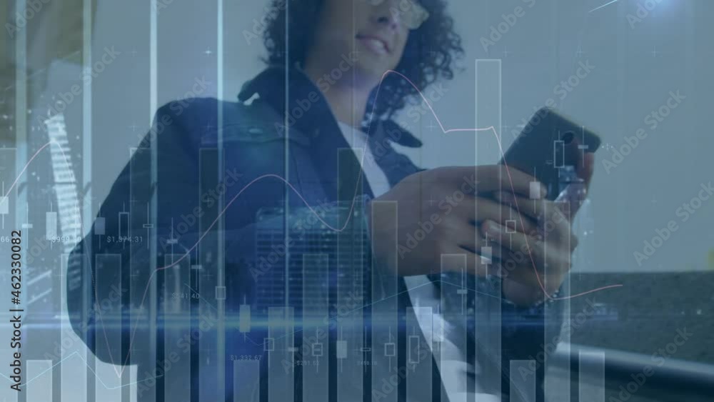 Poster animation of financial data processing over smiling mixed race businessman using smartphone