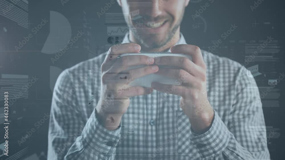 Poster animation of financial data processing over smiling caucasian businessman using smartphone