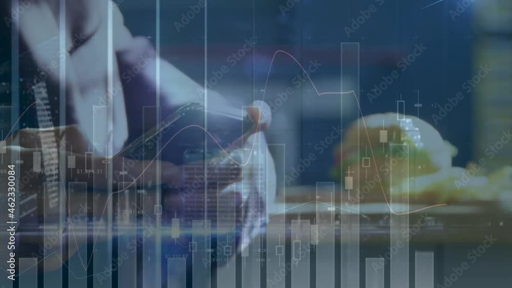 Aufkleber animation of financial data processing over caucasian man using smartphone