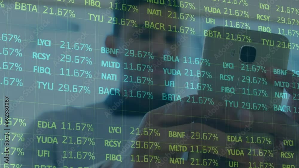 Poster animation of financial data processing over mixed race businessman using smartphone