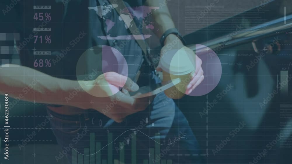 Poster animation of financial data processing over caucasian businessman using smartphone