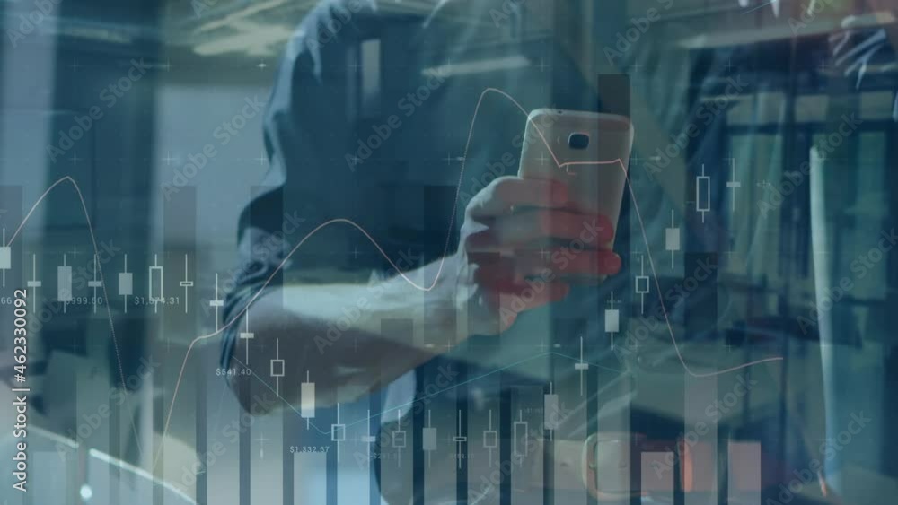 Poster animation of financial data processing over caucasian businessman using smartphone