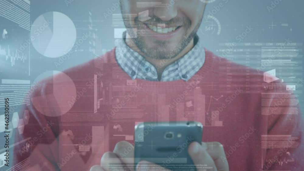 Poster animation of financial data processing over caucasian businessman using smartphone