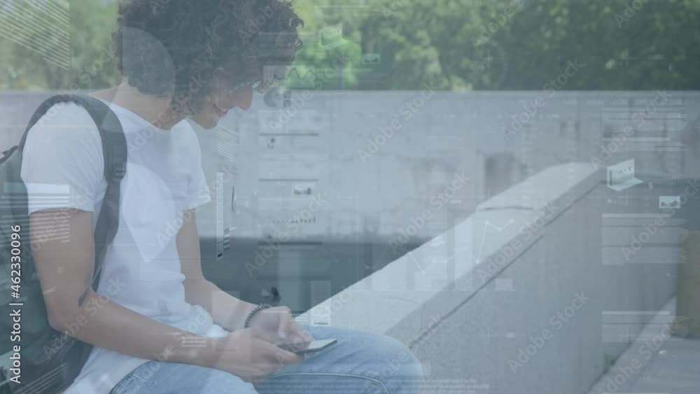 Poster animation of financial data processing over mixed race businessman using smartphone