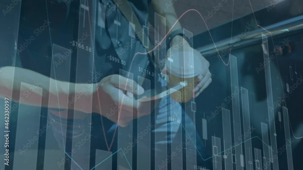 Poster animation of financial data processing over caucasian businessman using smartphone