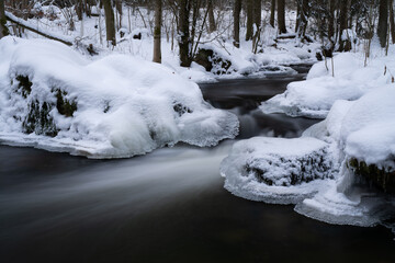 smooth motion of wild water in a river in winter with snow and ice on rocks and stones in the beautiful nature of a forest
