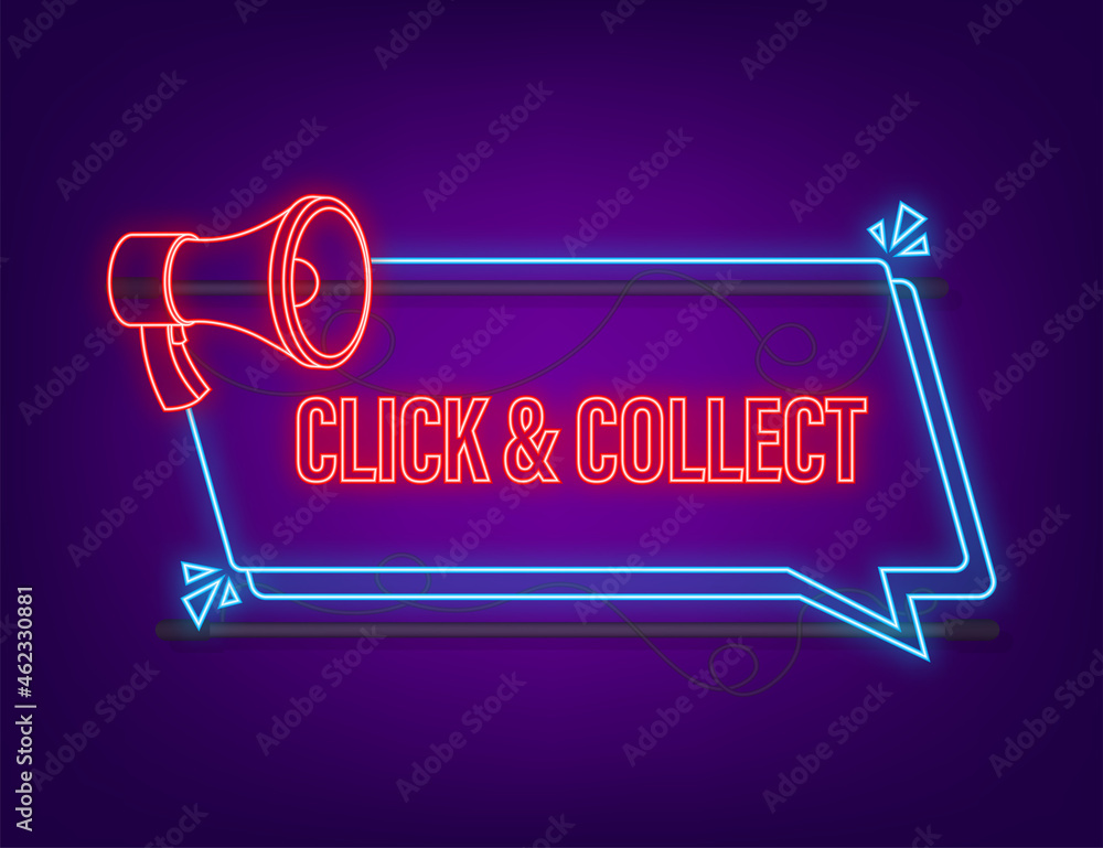 Poster megaphone click and collect neon banner. flat style. website vector icon. vector stock illustration