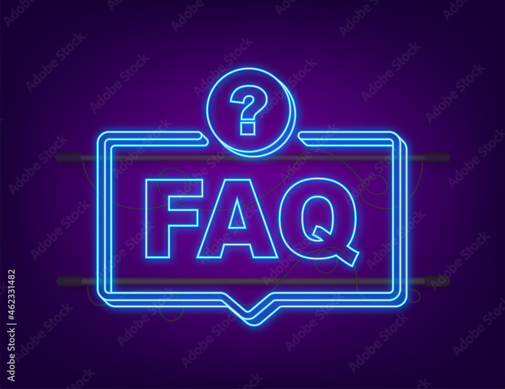 Poster frequently asked questions faq banner. neon icon. computer with question icons. vector illustration