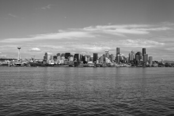 Seattle skyline during summer. View from Elliott Bay. Space Needle. Washington state. Black and white.