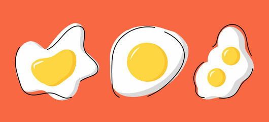 Set of fried eggs, a collection of soft-boiled eggs. Delicious and healthy breakfast of eggs. The concept of proper and healthy nutrition. Vector illustrations in cartoon flat style.