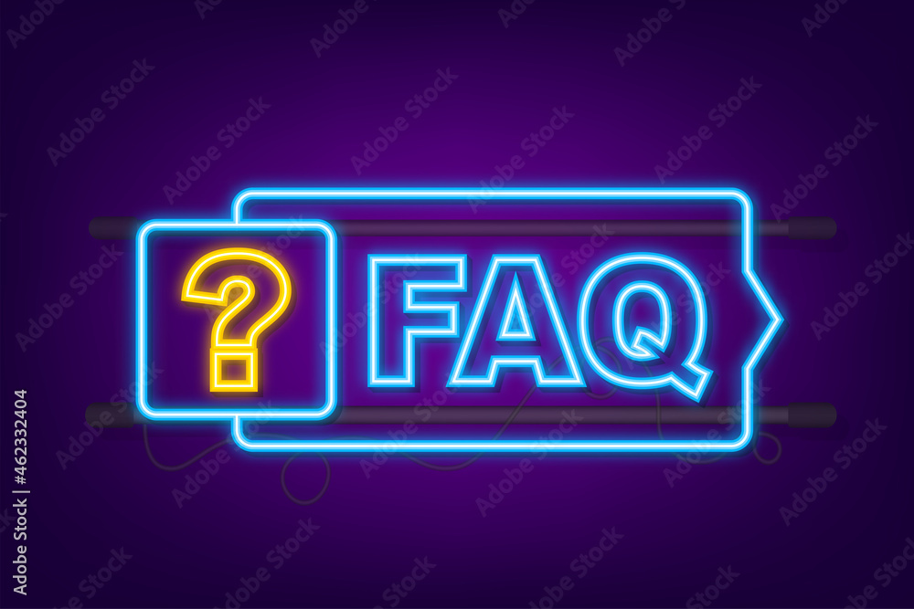 Poster frequently asked questions faq banner. neon icon. computer with question icons. vector illustration