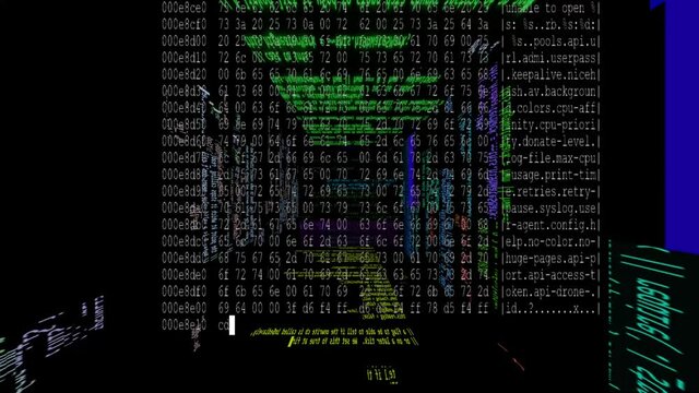 A multidimensional screen of an abstract computer rotates in front of the camera. A powerful program is being attacked by a hacker.