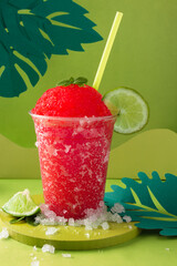 Strawberry and lemon slush in compostable glass on green background and green straw.