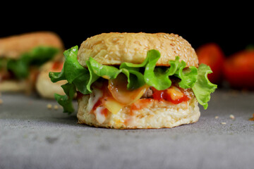 beef burger and hotdog with tomato sauce and lettuce.